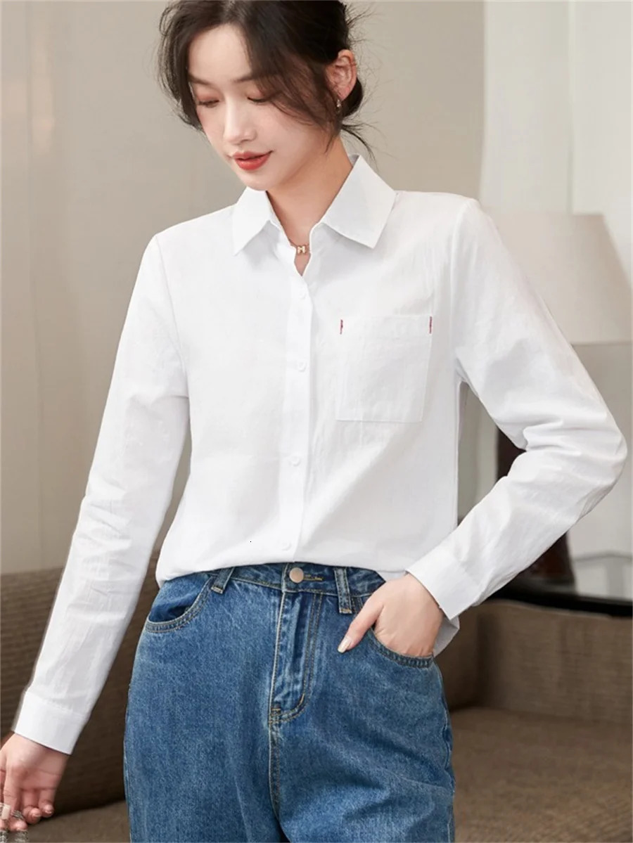 Women Spring Autumn Style Cotton and linen Blouses Shirts Lady Casual Long Sleeve Turn-down Collar White Blouses Tops DF4894 250403