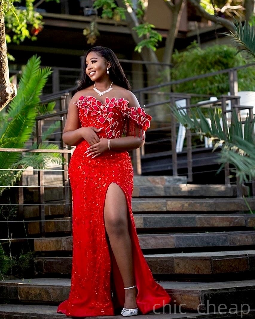 Red Mermaid Prom Dresses 2026 Florals Crystals High Split Sequined Evening Formal Party Second Birthday Engagement Gowns Plus Size Dress For Special O