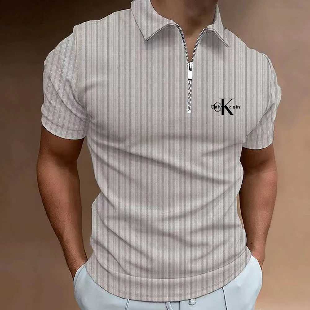 Summer Mens Striped Polo Shirt Short Sleeve Collar Zipper T-shirt and Mens Casual Street Mens Top W250403