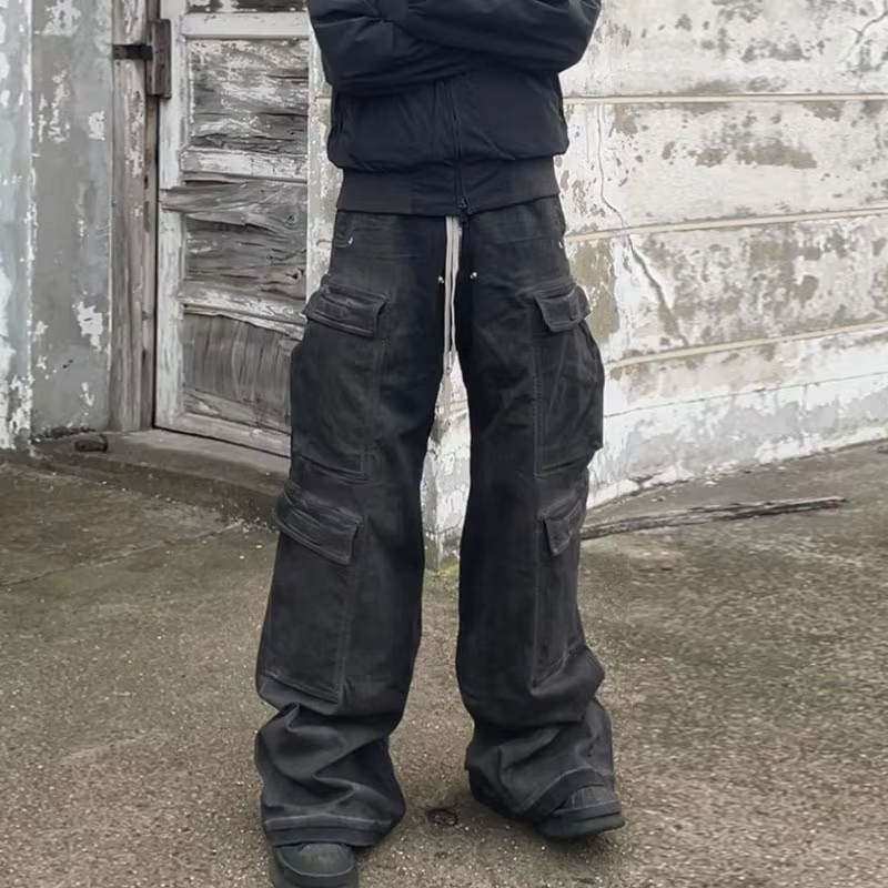 High Street Drawstring Zipper Sliced Wide Leg Cargo Pants Men's Casual Loose Straight Trousers Loose Denim Pants