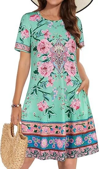 Womens 2025 new casual loose vacation style round neck short sleeved printed dress