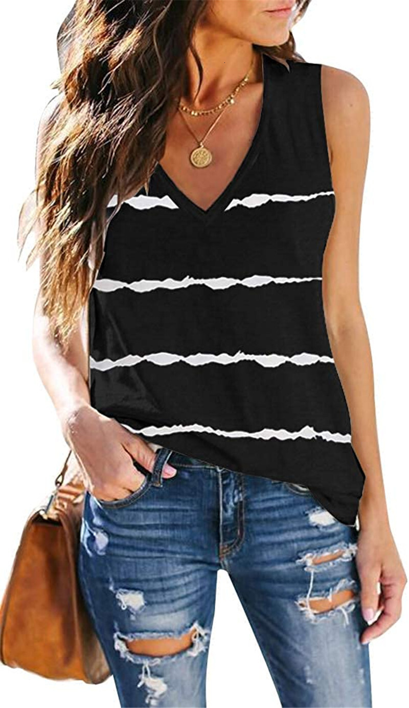 2025 new sexy sleeveless camisole vest V-neck striped printed T-shirt women's top