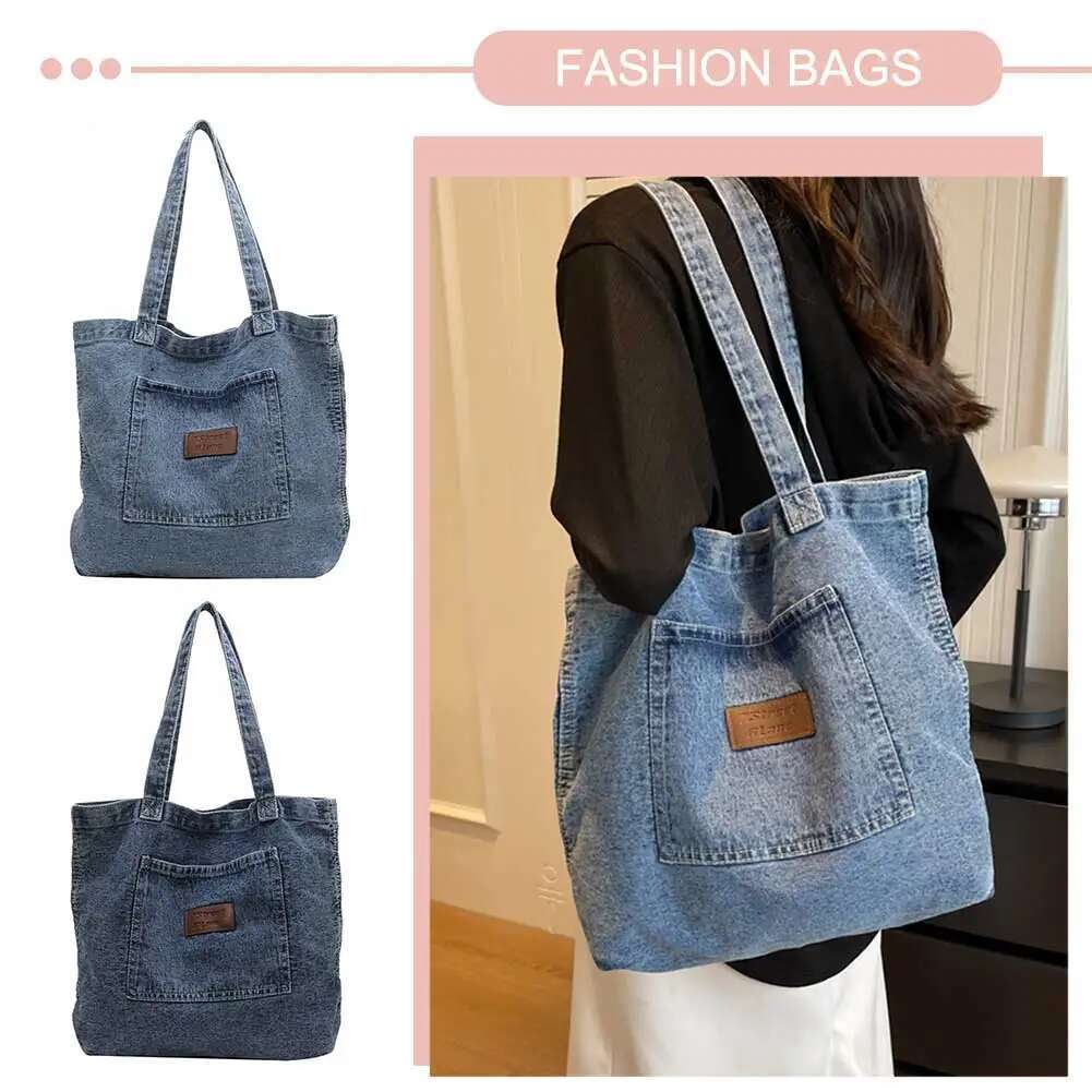 Students Hot Canvas Shoulder Tote Large Capacity Denim Solid Fashion Handbag Clutch Bag Simple Female Commuter Handbags