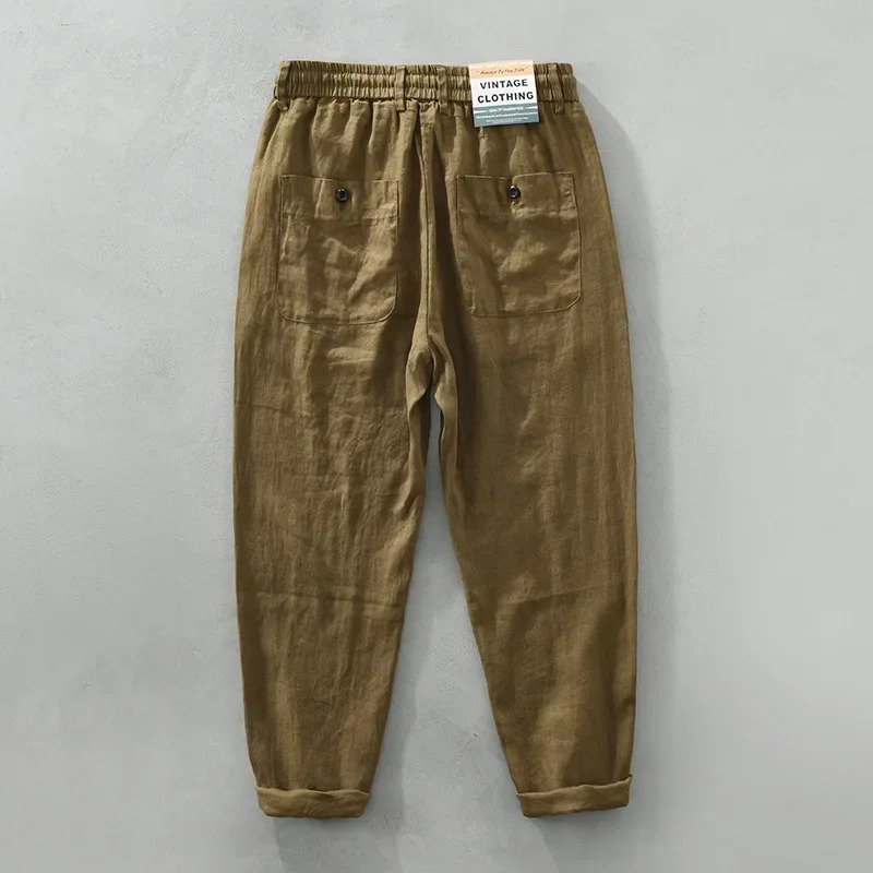 Summer Pure Linen Casual Trousers for Men Thin Drawstring Streetwear Men Pants C3583 250402