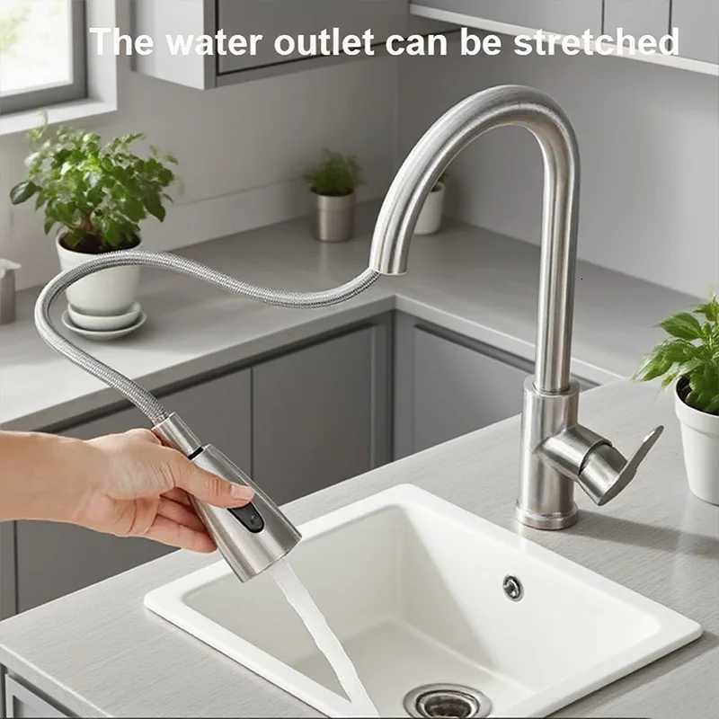 New Stainless Steel Kitchen Faucet with Pl Out Spray Single Hole 360 Swivel Sink Mixer Flow Spray Durable Easy to Install Y251104