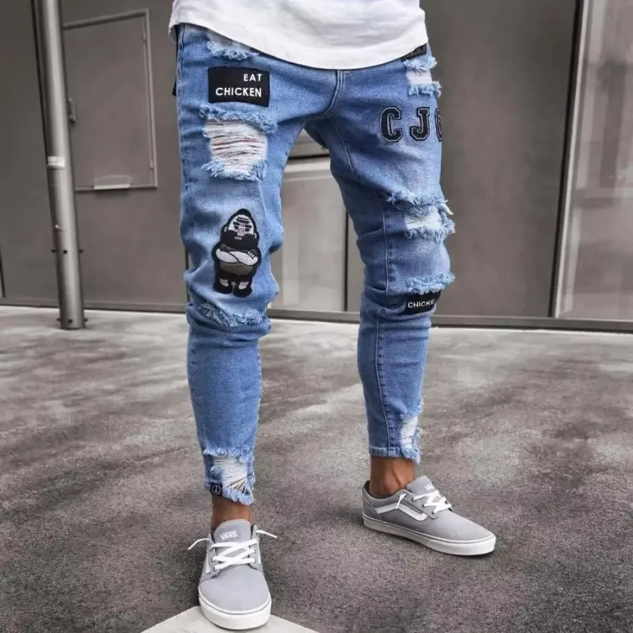 Punk Plus Size Pants Men Skinny Ripped Hole Patchwork Jeans Slim Pencil Denim Hip Pop Trousers Autumn Winter Streetwear Mens 251103