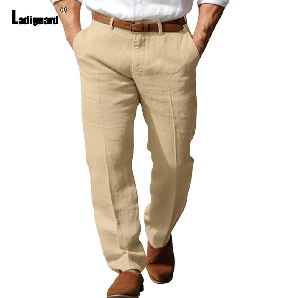 Mens Stand Pockets Cotton Linen Pants Solid Light Gray Ankle-Length Trouser Plus Size Mens Casual Beach Straight pants 250402