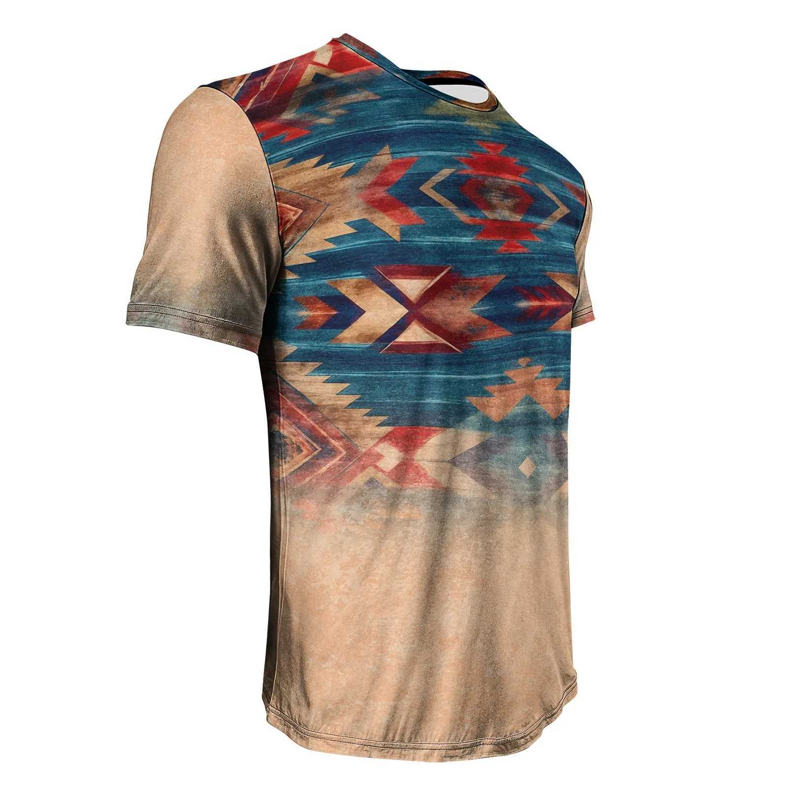 Mens retro T-shirt ethnic print short sleeved fashionable oil T-shirt bohemian style loose pattern suitable for daily wear W250403