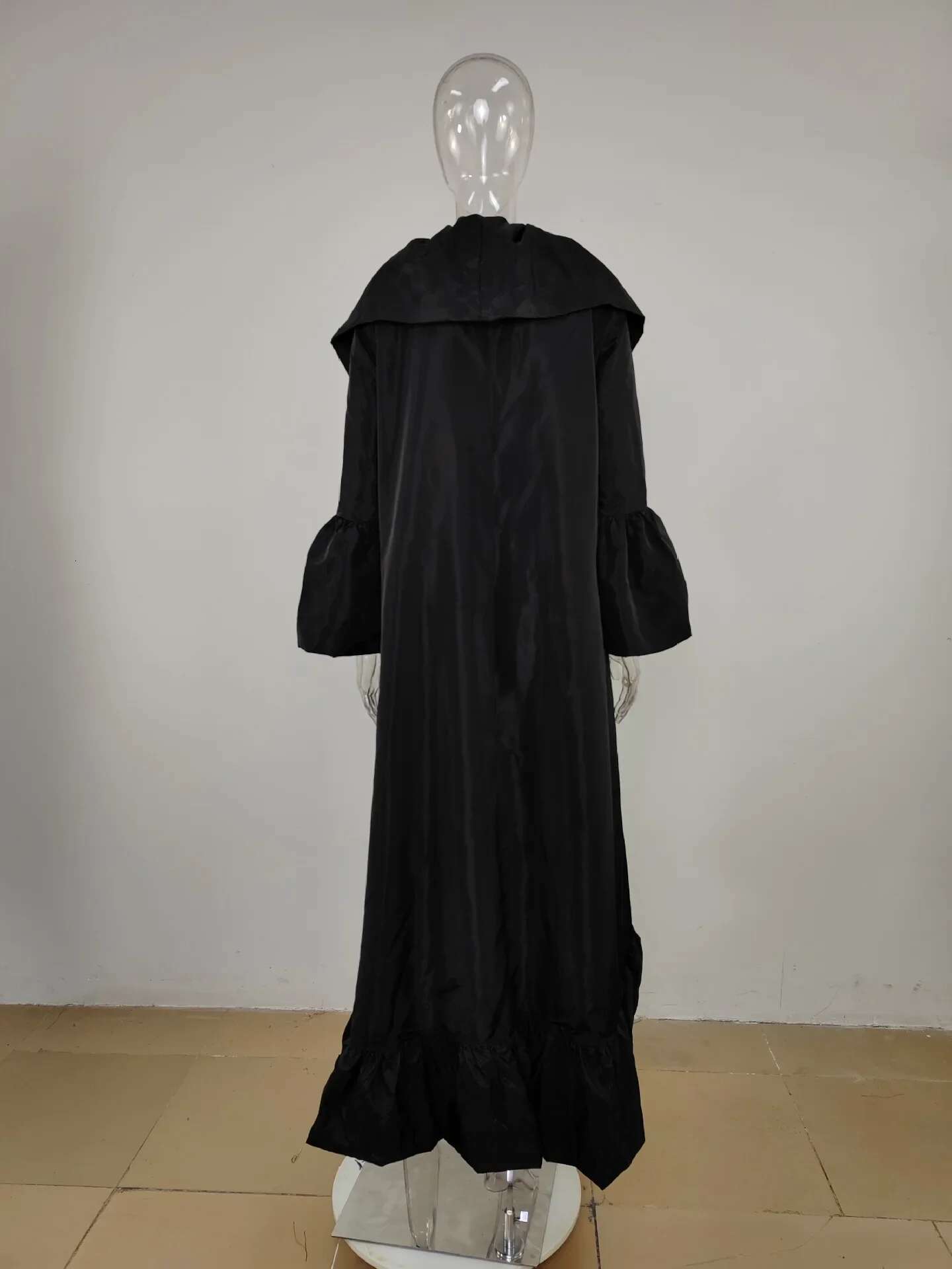 Cm.Yaya Women Vintage Ruffles Side Flare Batwing Long Sleeve Open Streetwear Black Maxi Trench Jackets