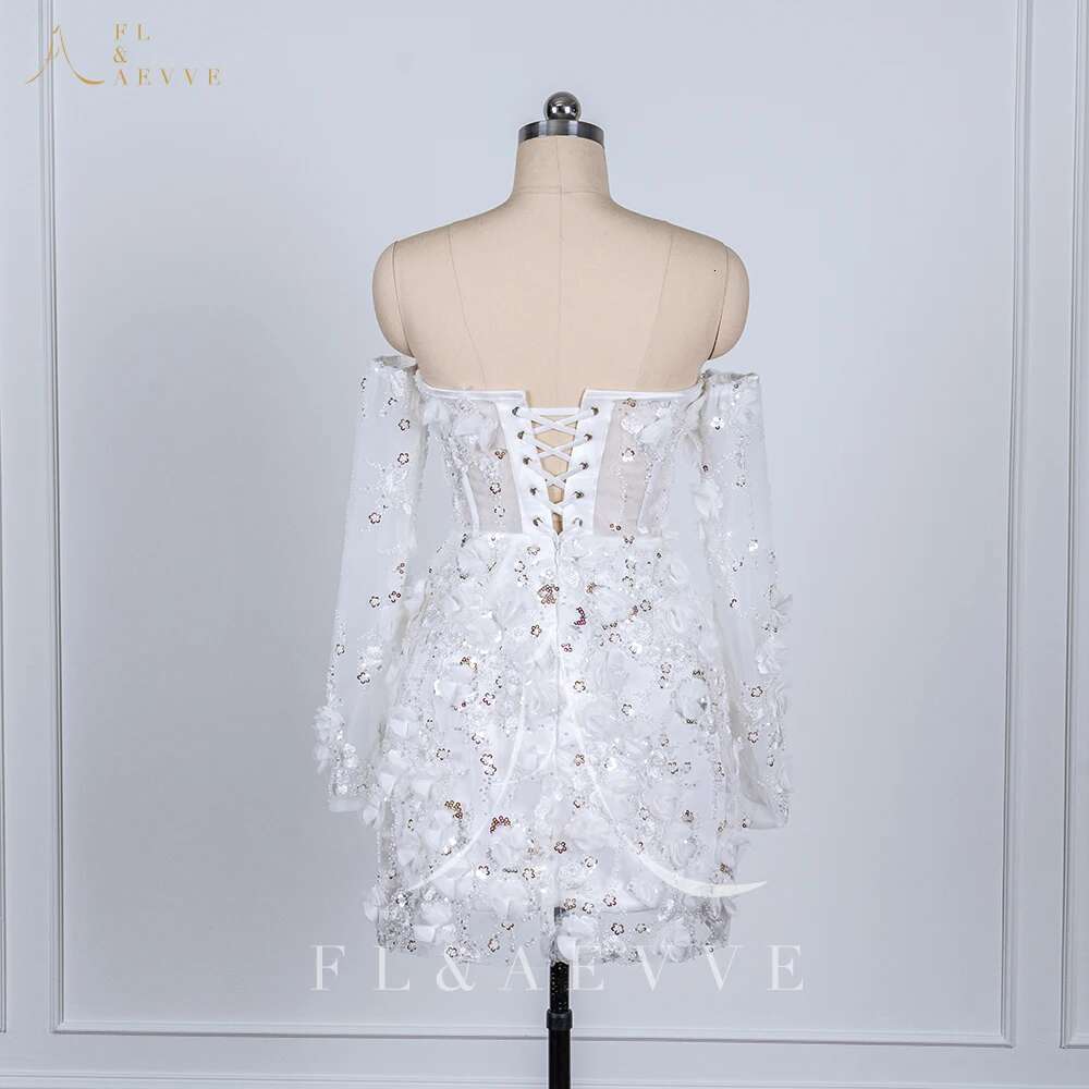 Beaded Short Wedding Dresses Saudi Arabia Lace Ral Appliques Long Sleeves Bridal Gown Mini Prom Party Dress Customized