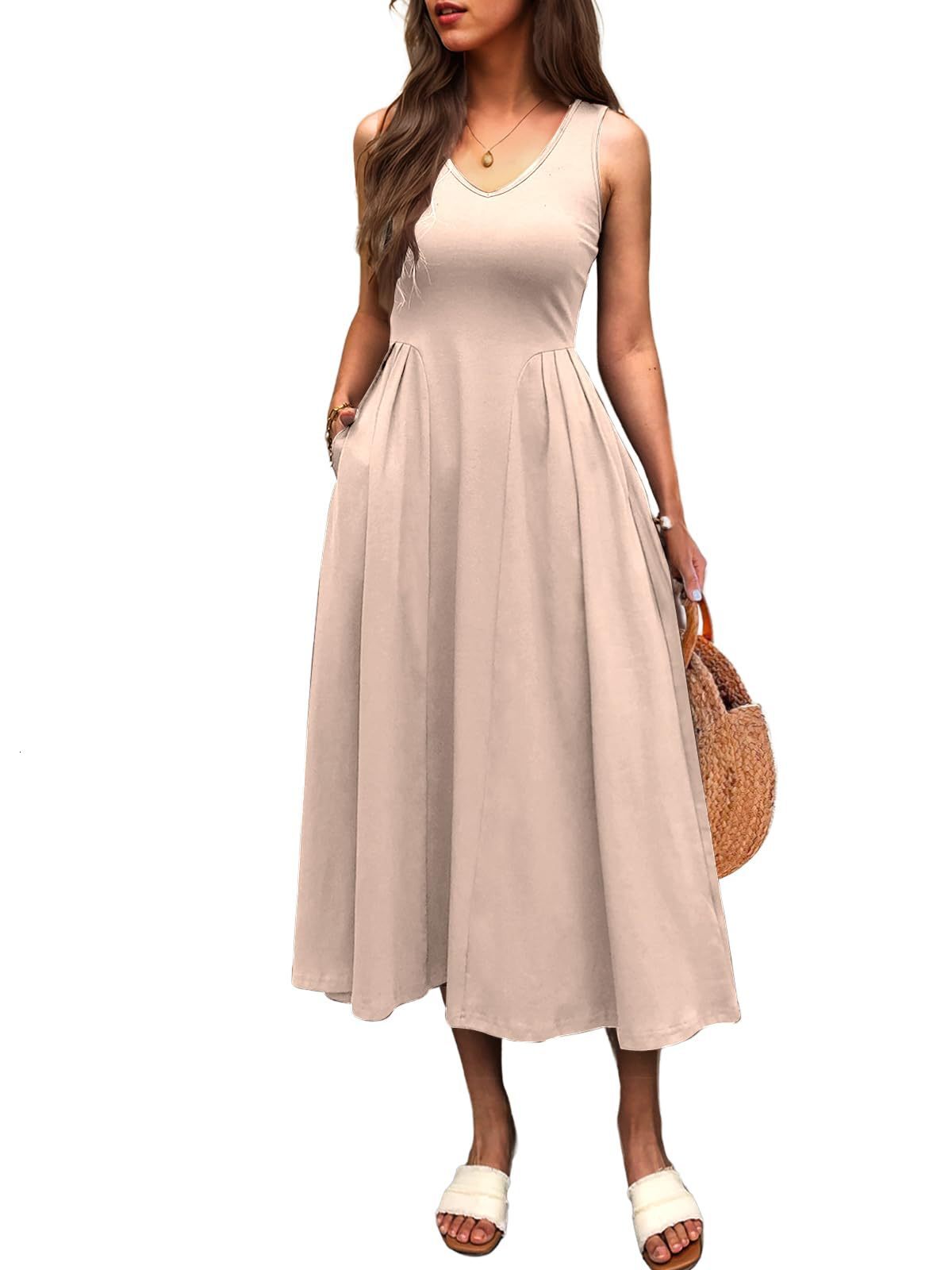 New 2025 Spring/Summer Elegant Waist Pocket pleated Tank Top Solid Color Long Dress