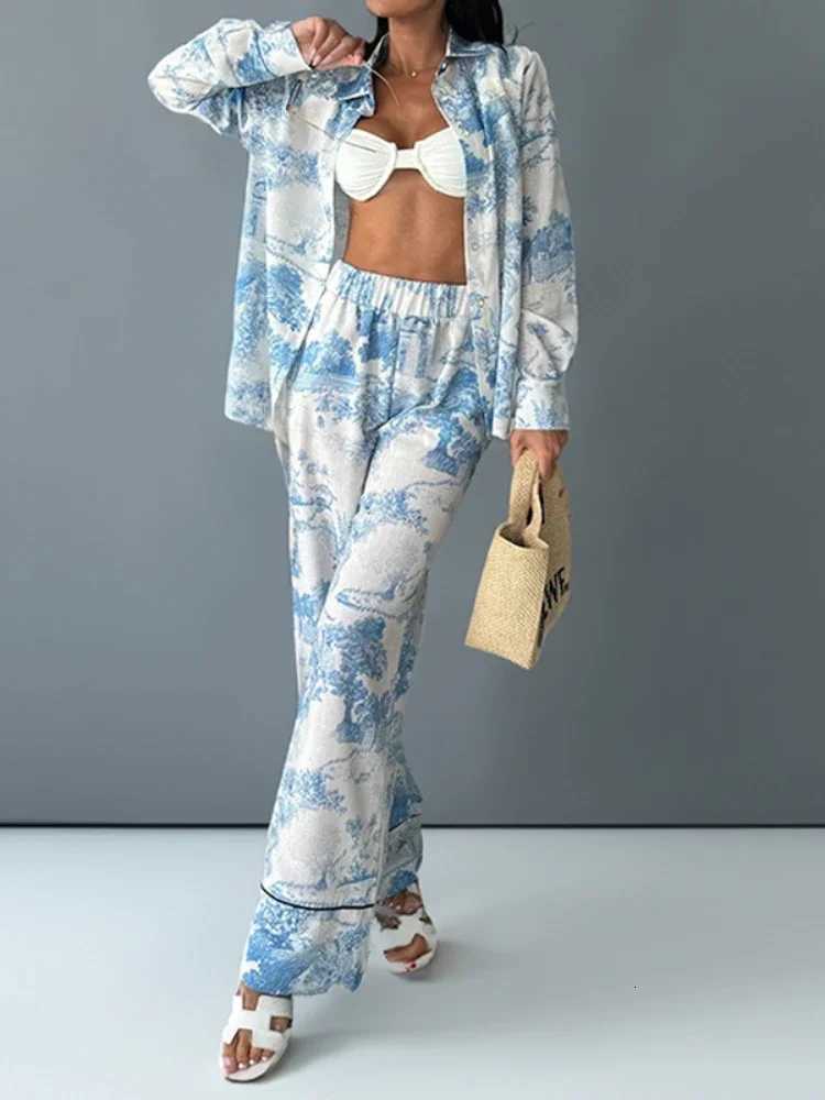 Fashion Fashion Vintage Pattern Printed Outfits Lapel Collar Shirt Long Pant Suit Spring Summer Causal Long Sleeve Loose Pant Sets Y251104