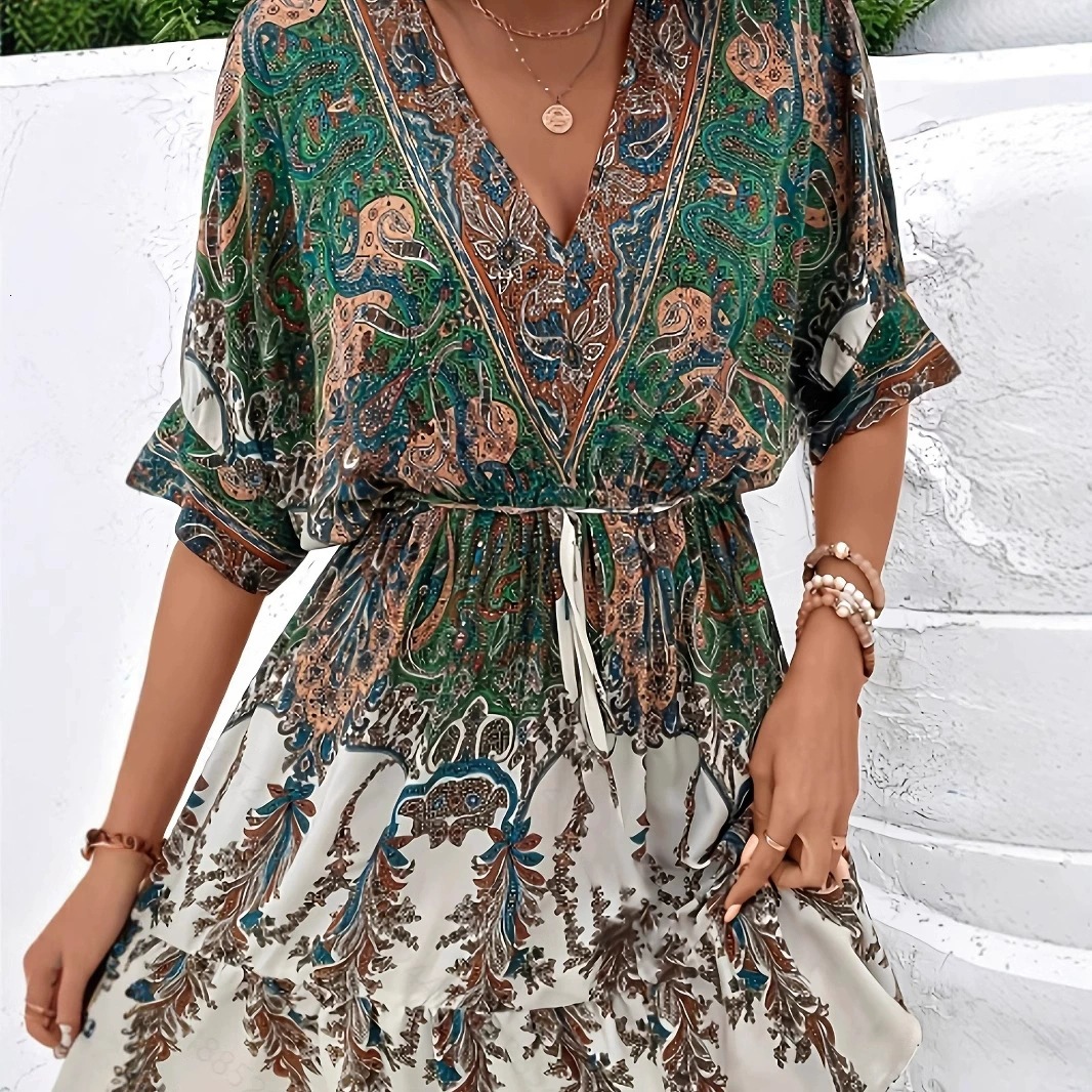 2025 Ethnic Style V-neck Printed A-line Skirt Bohemian Beach Dress