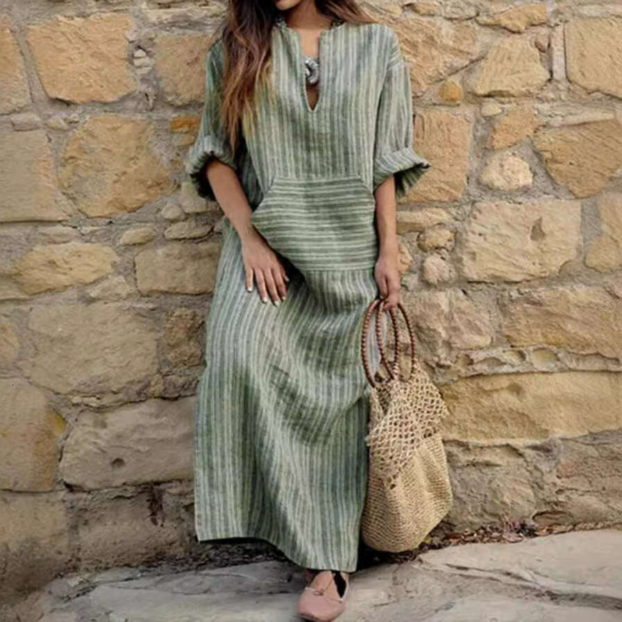 Popular European American cotton and en yarn dyed striped loose dress with versatile temperament in 2025, new trendy clothing ins