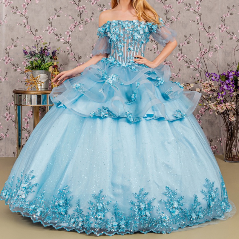 Sky Blue Shiny Princess Quinceanera Dresses Sequin Appliqued Flower Beading Crystal Tull Sweet 16 Dress Ball Gown Vestidos 15 Anos