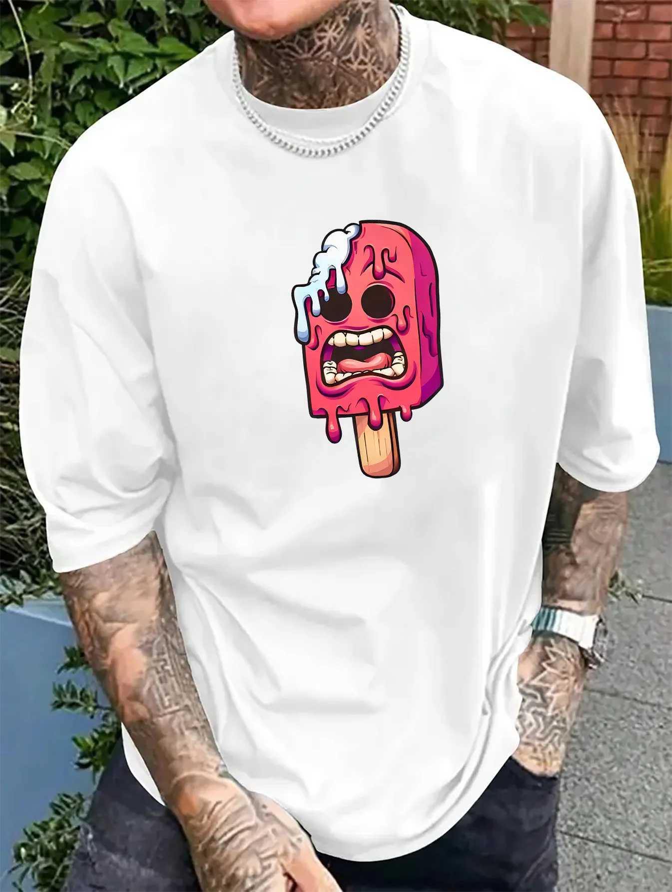 Mens Pink Ice Stick Graphic T-shirt - Fun Cartoon Design Casual and Comfortable Polyester Fiber Short Sleeve Retro Summer Top W250403