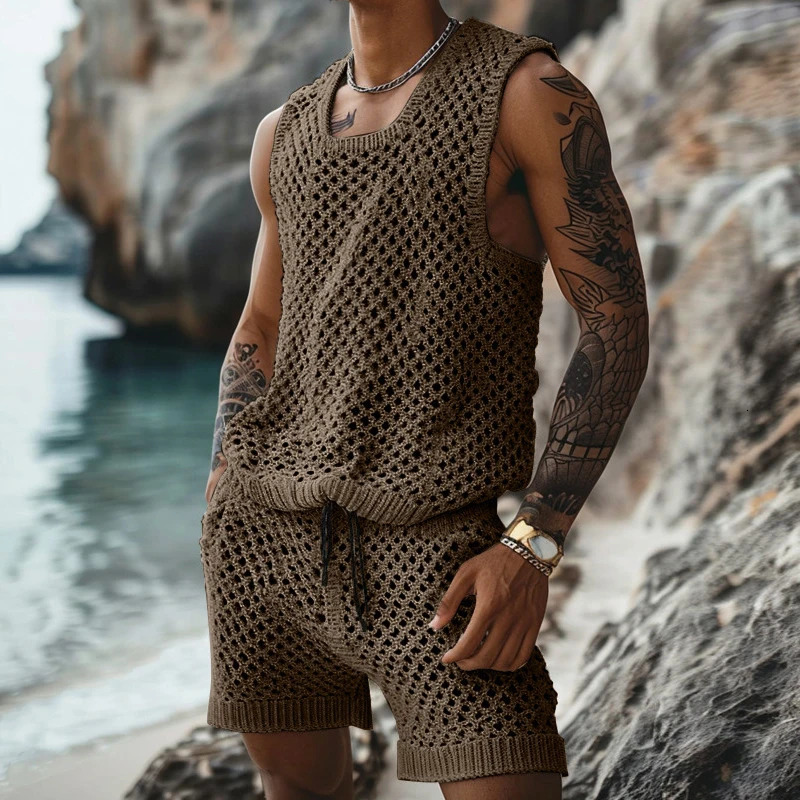 Summer hollow knit two-piece mens casual solid color sleeveless vest and shorts set mens retro knit set 250402