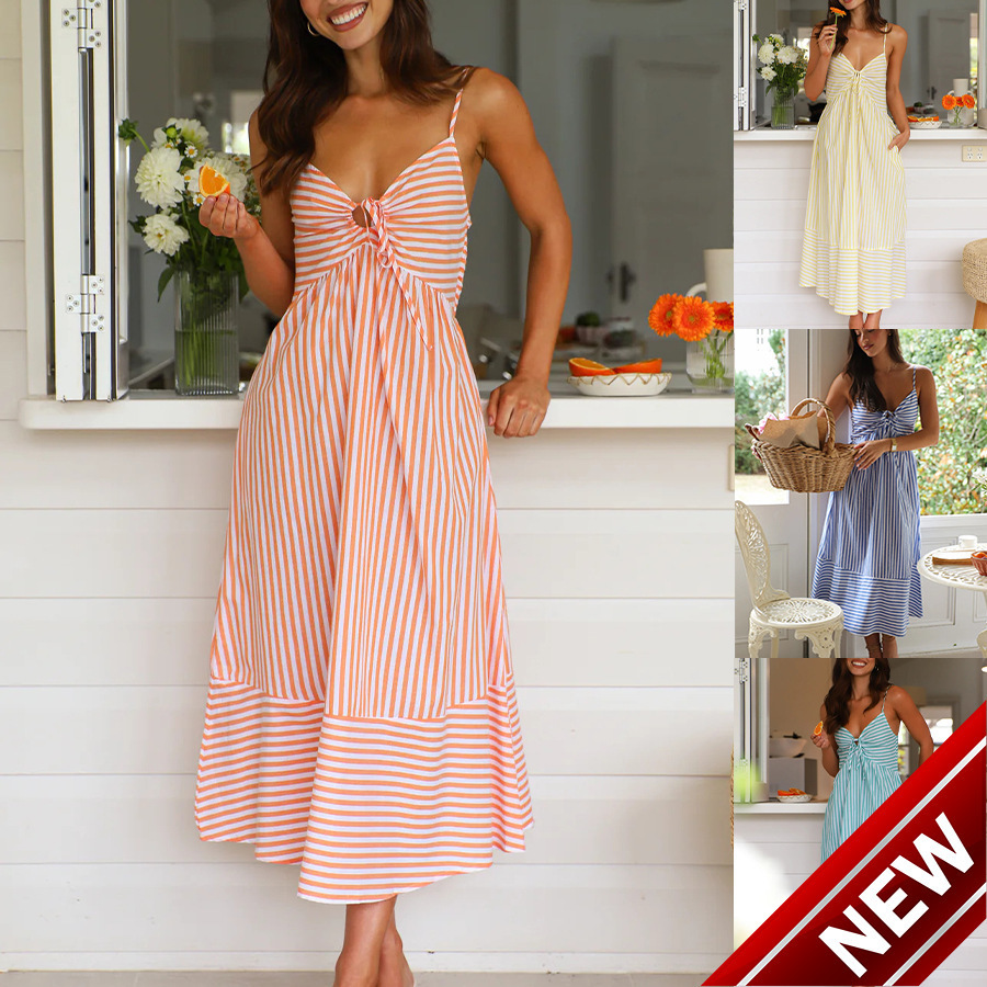 2025TK new striped sleeveless V-neck sexy half bag chest strap patchwork suspender dress