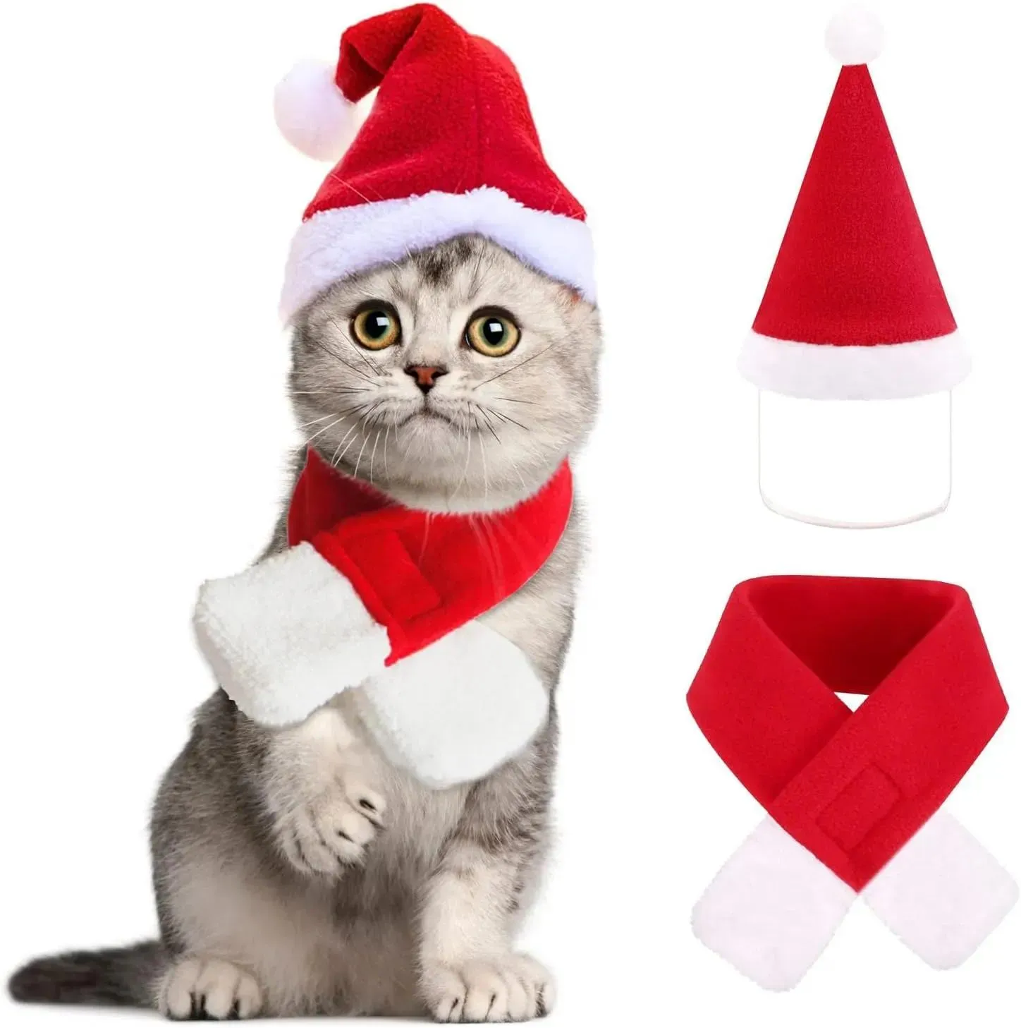 Cute Christmas Attire Bundle Includes Santa Cap and Soft Knit Scarf Accessories for Pets