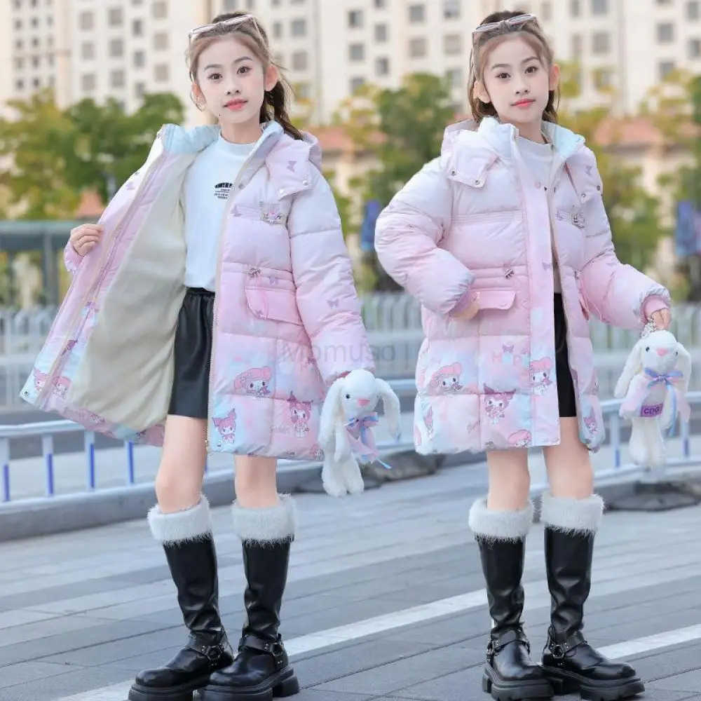 Sanrio Girls Kuromi Cotton Clothes Medium Length Child Coat Kawaii Thicken Cotton Padded Jacket Outwear Childrens Clothing Gift H251104