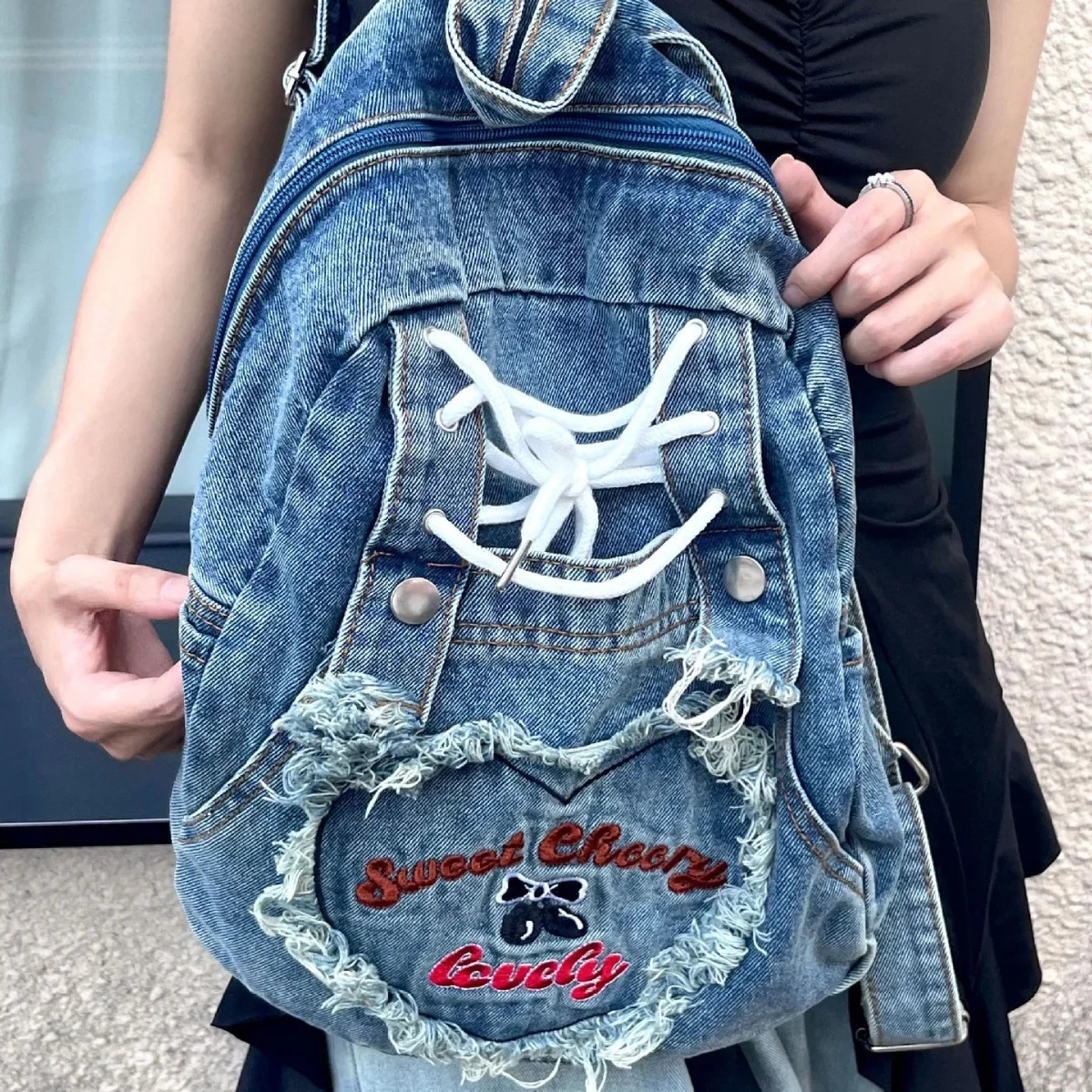 Cute Pink Denim Women Backpacks Large capacity shoulder Bags Girls School Embroidered letters daypacks Travel Jean Bagpack y251104
