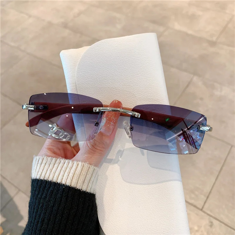 KAMMPT frameless sunglasses for men and women with wooden patterns retro fashionable lenses UV400 travel outdoor 250325