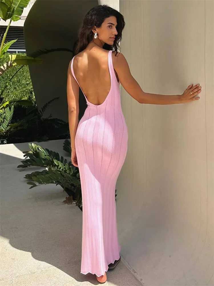 Tossy Summer Knit Ribbed Maxi Dress Female Slim Hollow Out Backless High Waist Fashion Beach Holiday Clothes Long Dress Womens X250403