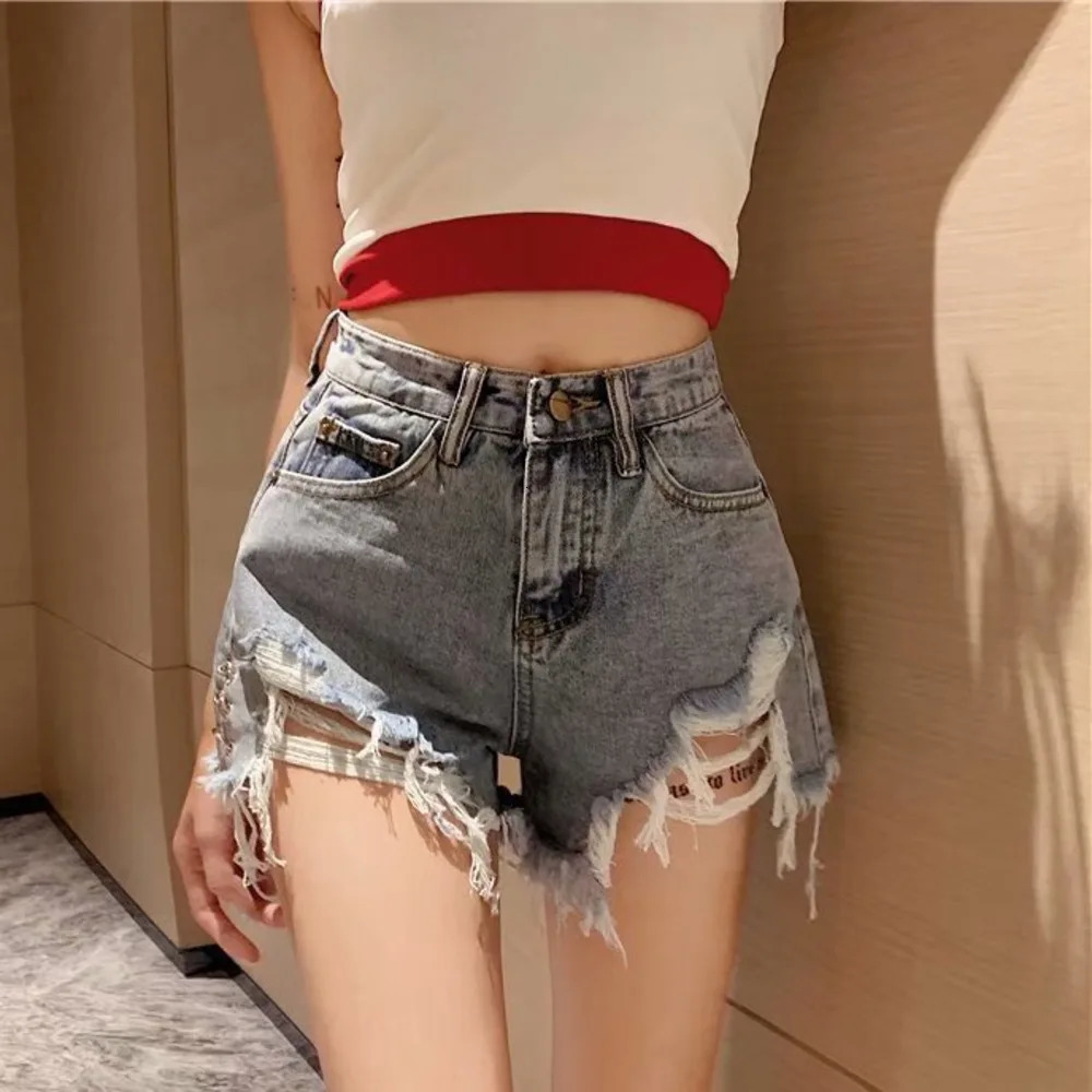 Feynzz Fashion Summer Womens High Waist Button Leg Jeans Casual Loose Fit Blue Denim Shorts 250401