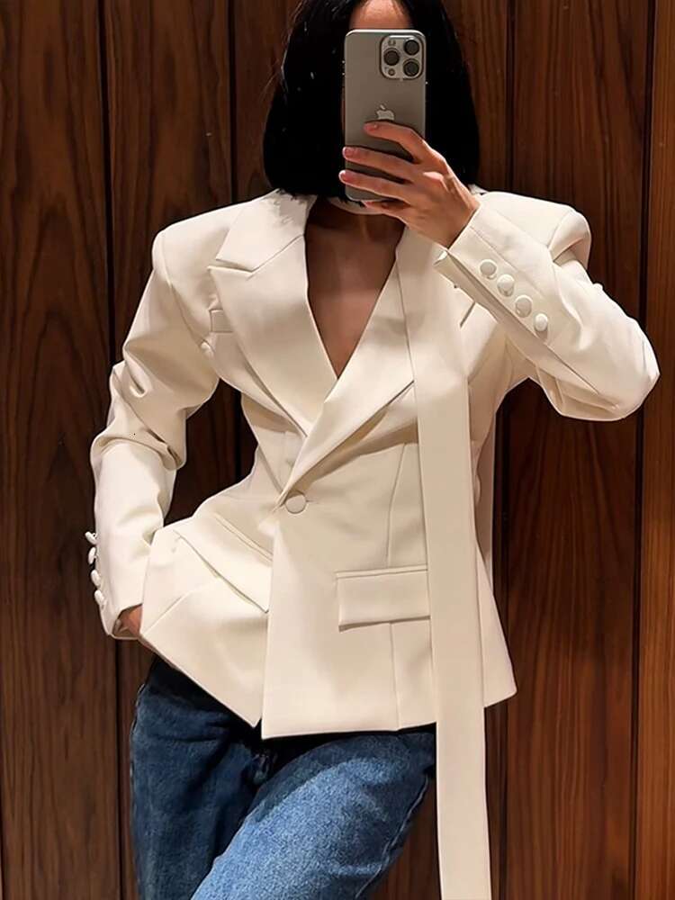 Elegant Blazer Jacket Women Lapel Shoulder Pad Long Sleeve Office Lady Coats 2025 Spring Single Button Female Commuting Coat