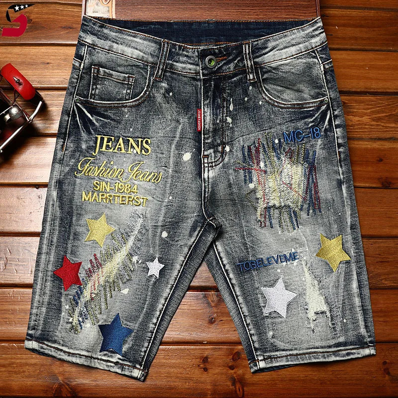 High end fashion ripped denim shorts mens summer embroidery trend retro Distressed fashion casual motorcycle shorts 250402