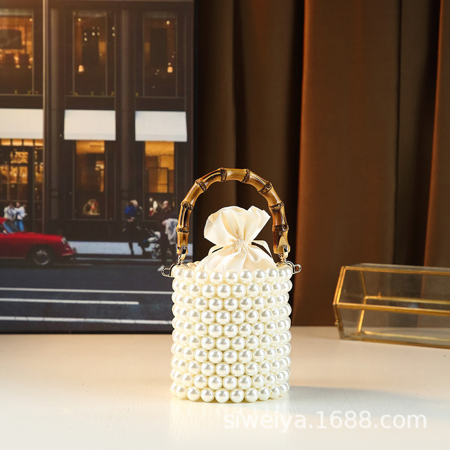 Fashionable Mini Drawstring Bucket Women's New Pearl Chain Hand-Held Bamboo Single Shoulder Crossbody Bag, Trendy