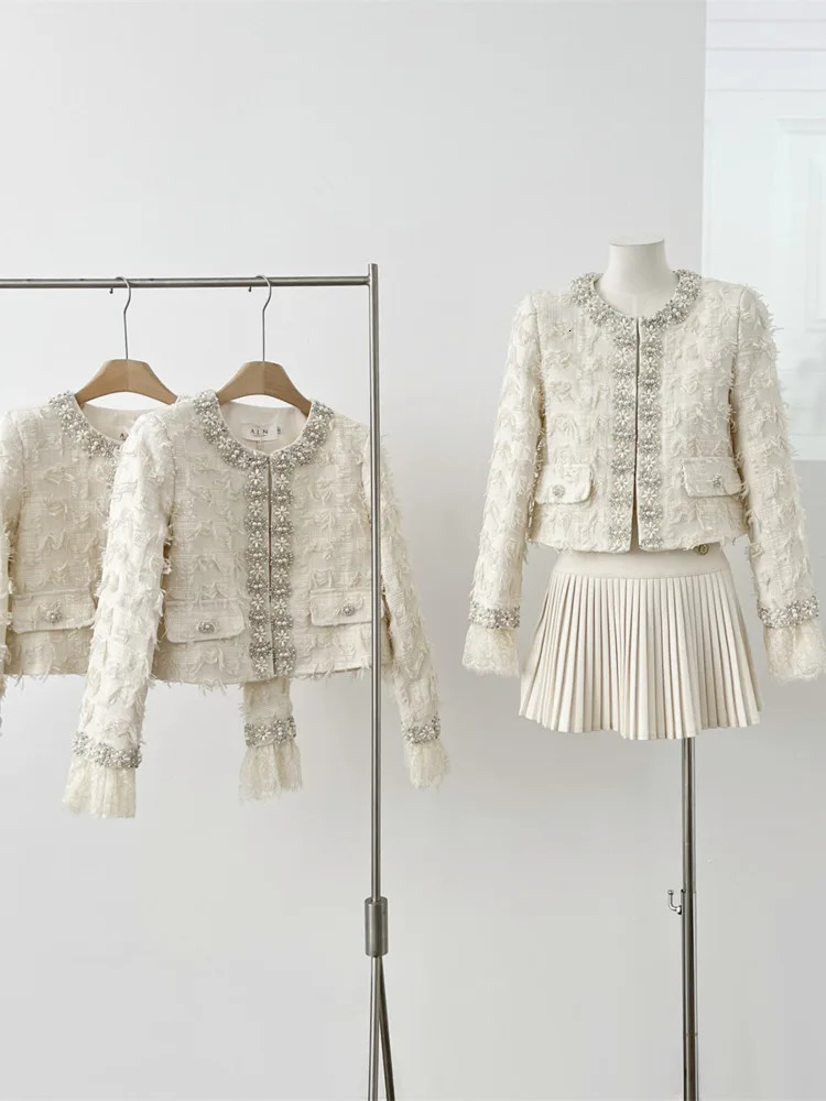 Small Fragrance Autumn Winter Beading Tweed Pearls Short Jacket CoatMini Pleated Skirt Suit 2 Piece Women High Quality Outfits 251104