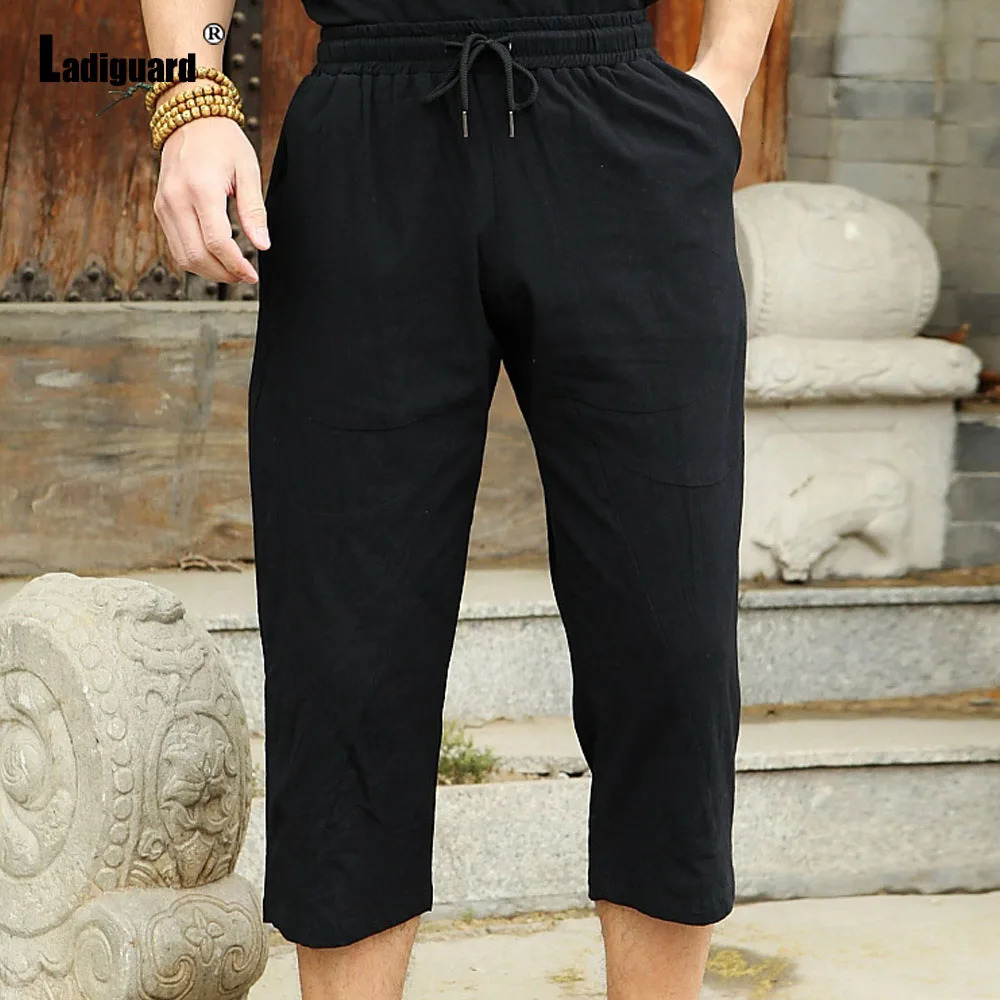 European Style Casual Straight Linen Trouser Solid White Calf-Length Pants Plus Size Mens Elegant Pockets Beach pants 250402