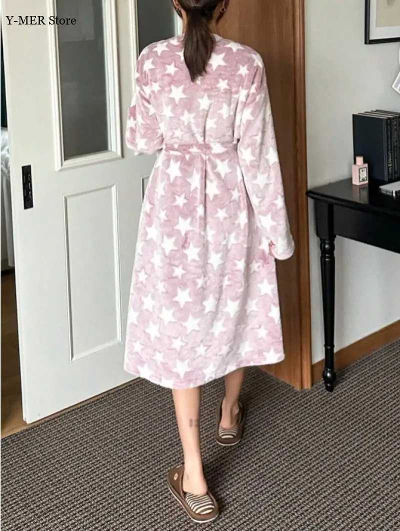 2025 Winter Womens Robes Pink Velvet Flannel Bathrobes Long Sleeves Fleece Homewear Leisure Sleepwear Sexy Lingeries for Lady C251104