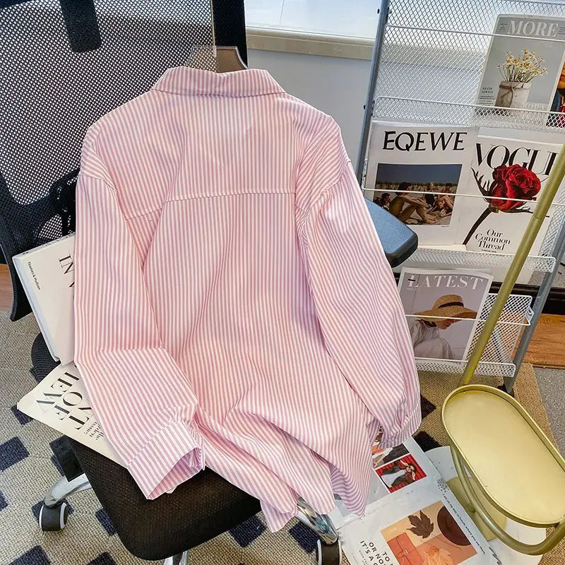Spring Autumn Women Vintage Striped Print Shirt Lapel Embroidery Chic Oversized Blouse Female Casual Streetwear Long Sleeve Tops 250403