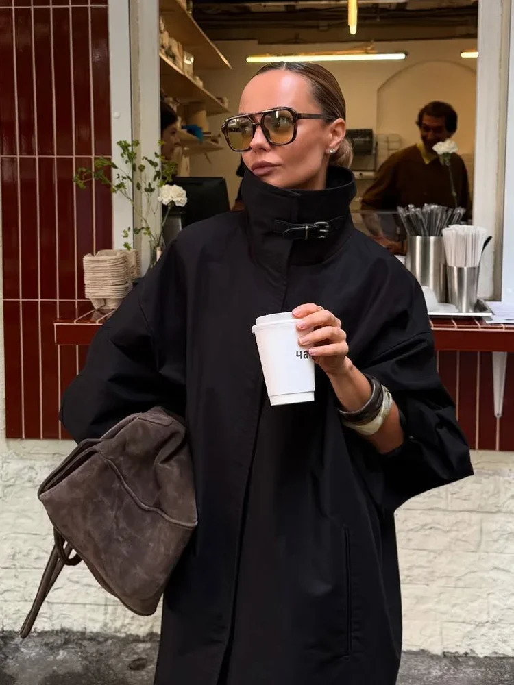Black Stand Collar Long Windbreaker Women Fashion Full Sleeve Singlebreasted Loose Trench Coat Lady Autumn High Street Outwear 251103