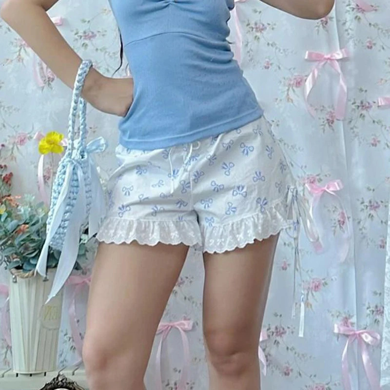 Womens Blue Summer Sweet Fashion Bandage Printed Bow Pants Sexy Club Casual Ultra Thin Party Edition Knitted Shorts 250401