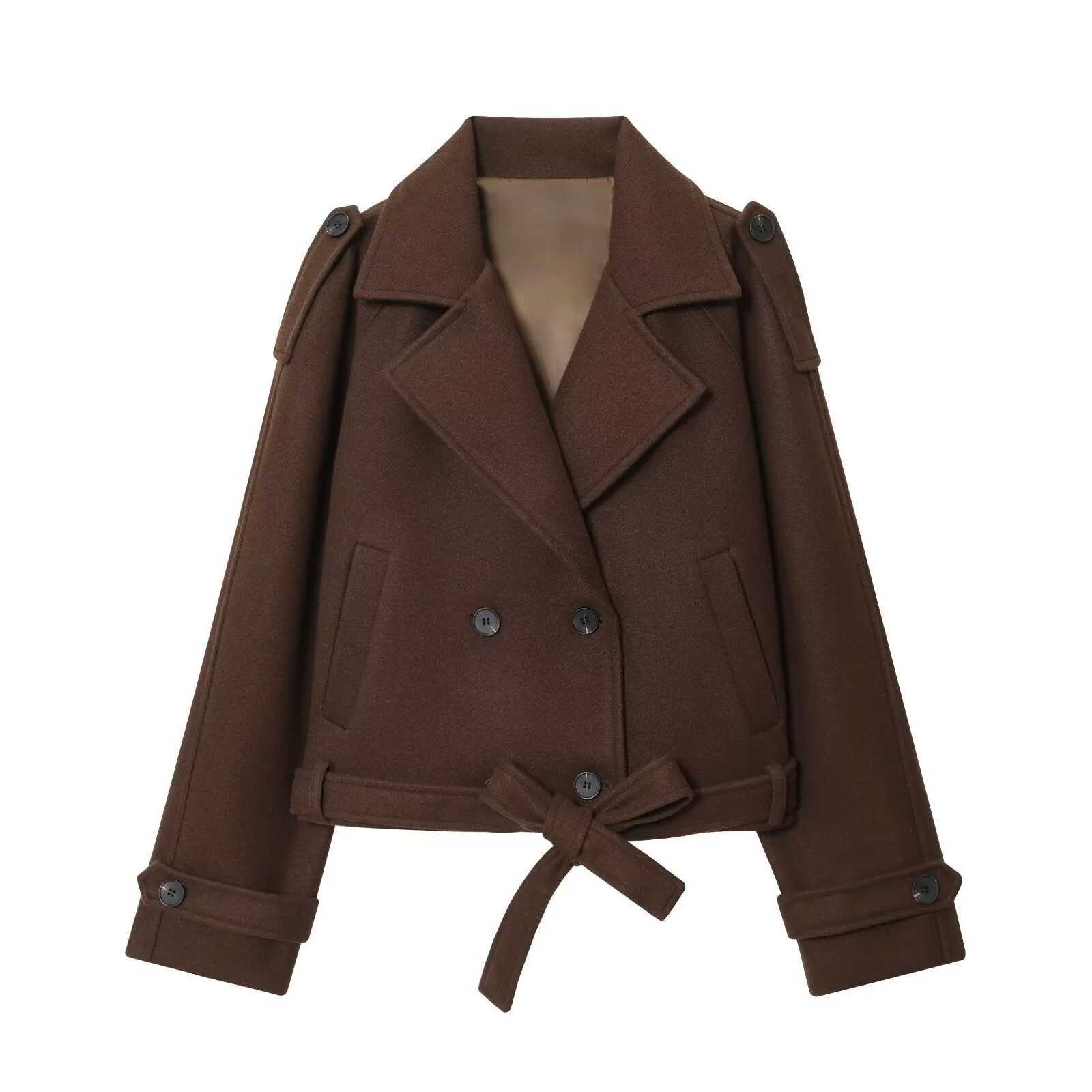 2025 autumn new womens casual style simple double breasted bow tie waist cinched suit collar short long sleeved jacket J2511031