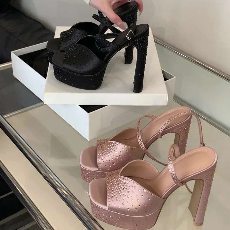 Eilyken Design Crystal Square Toe Woman Sandals Sexy High Heels Ankle Buckle Strap Party Banquet Shoes Atos De Mujer