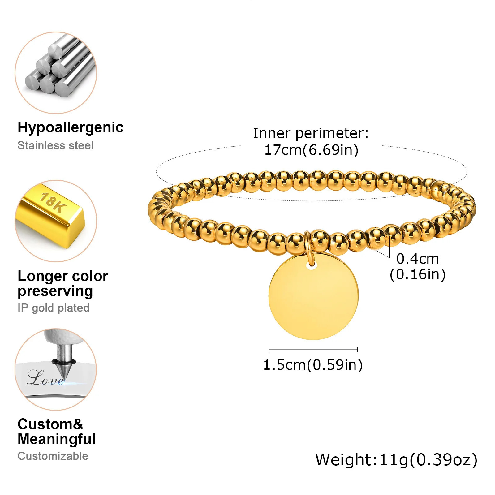 Free Customized Coin Disc Charms Bracelet Elastic Beaded Strand Bracelet for Women Stainless Steel Initial Name Personalized 250327