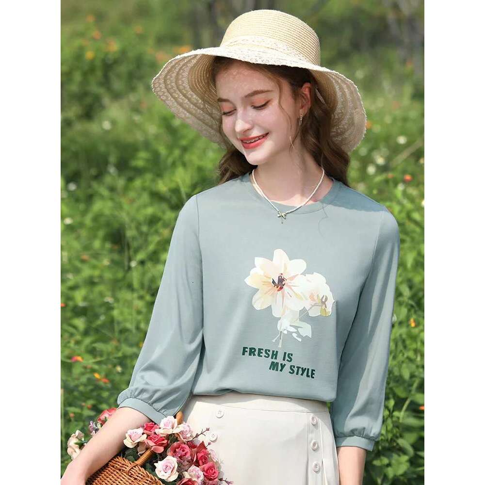 Puff Sleeve Printed Women T-Shirts Spring New Slim O-Neck Office Lady Basics Female Trendy Tops