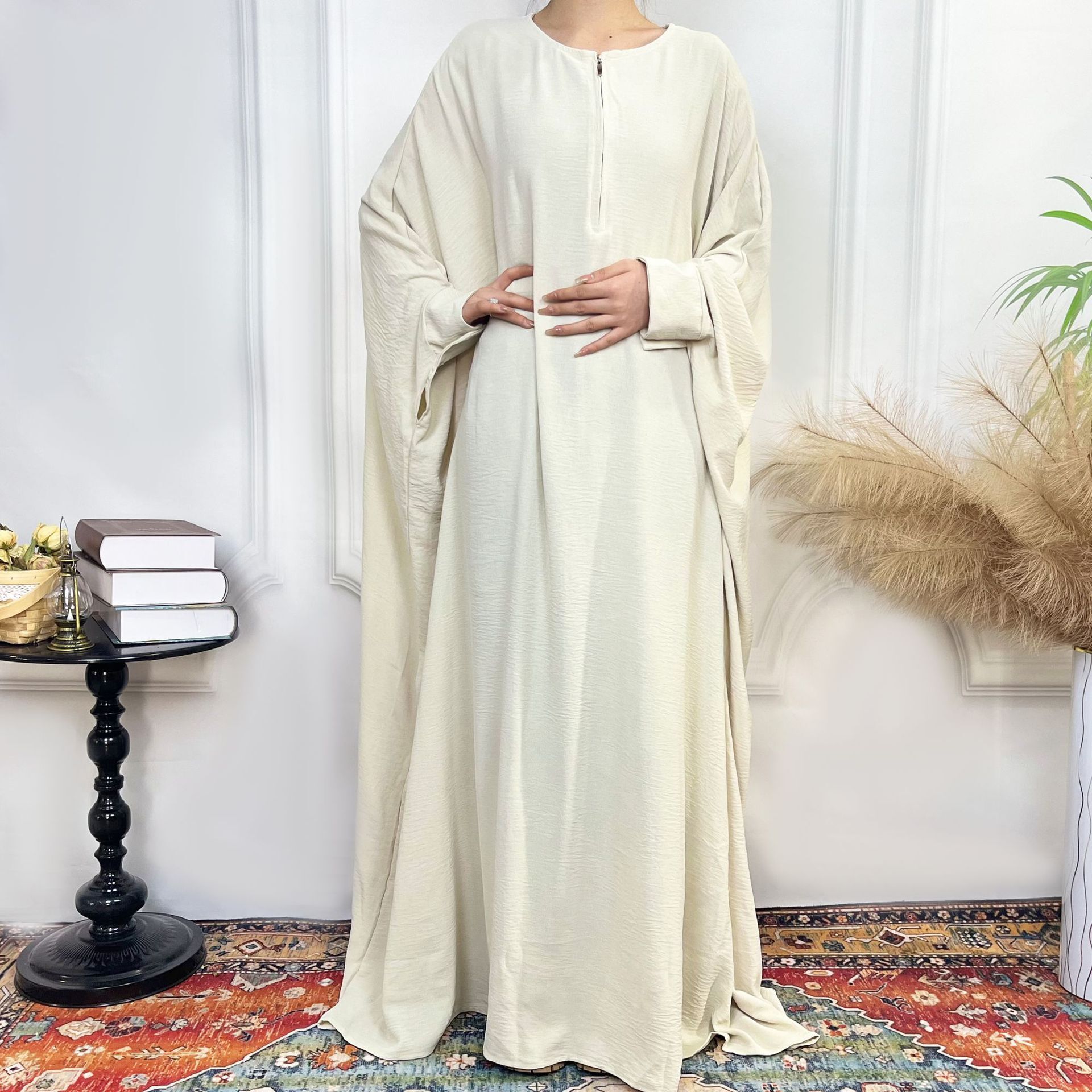 Fashion Solid Color Bat Sleeve Robe Zipper Adhesive Button Integrated Women's Dress Abaya Maxi Dresses Islamic Clothing