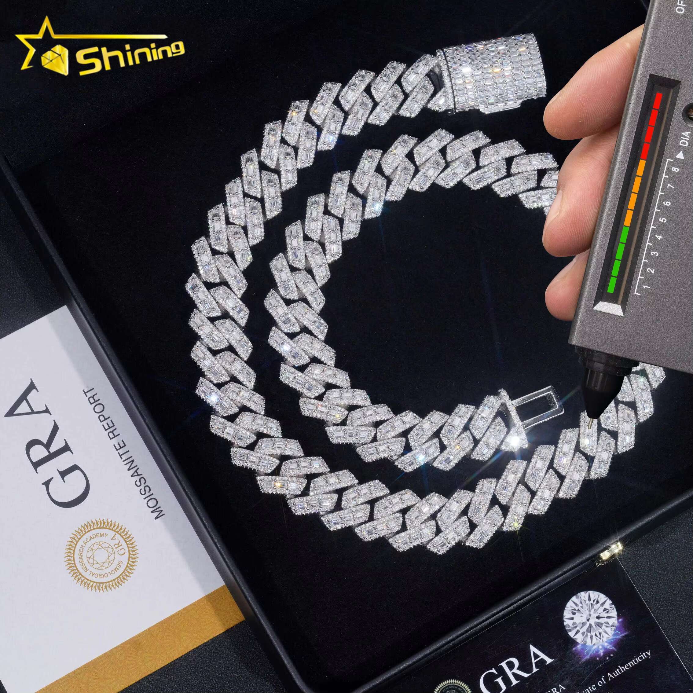 Pass Diamond Tester Rapper Jewelry Iced Out Baguette 18MM 925 Silver Hip Hop Moissanite Cuban Link Chain