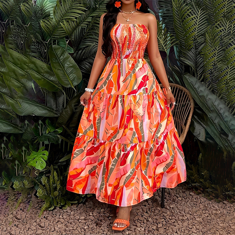 2025 Womens Vacation Storm West Asia Long Printed Chest Wrapping Big Swing Dress