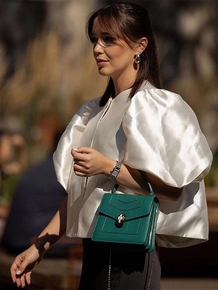 Satin Puffed Sleeves Short Top Loose Bubble Sleeved Round Neck Shirts Solid Color Female Blouse Spring Summer Women's Clothing