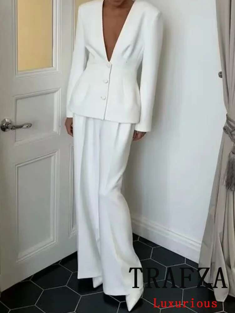 TRAFZA Vintage Chic Office Lady Solid Women Suit Single Breasted Blazer Straight Loose Pants New Fashion 2025 Autumn Winter Sets