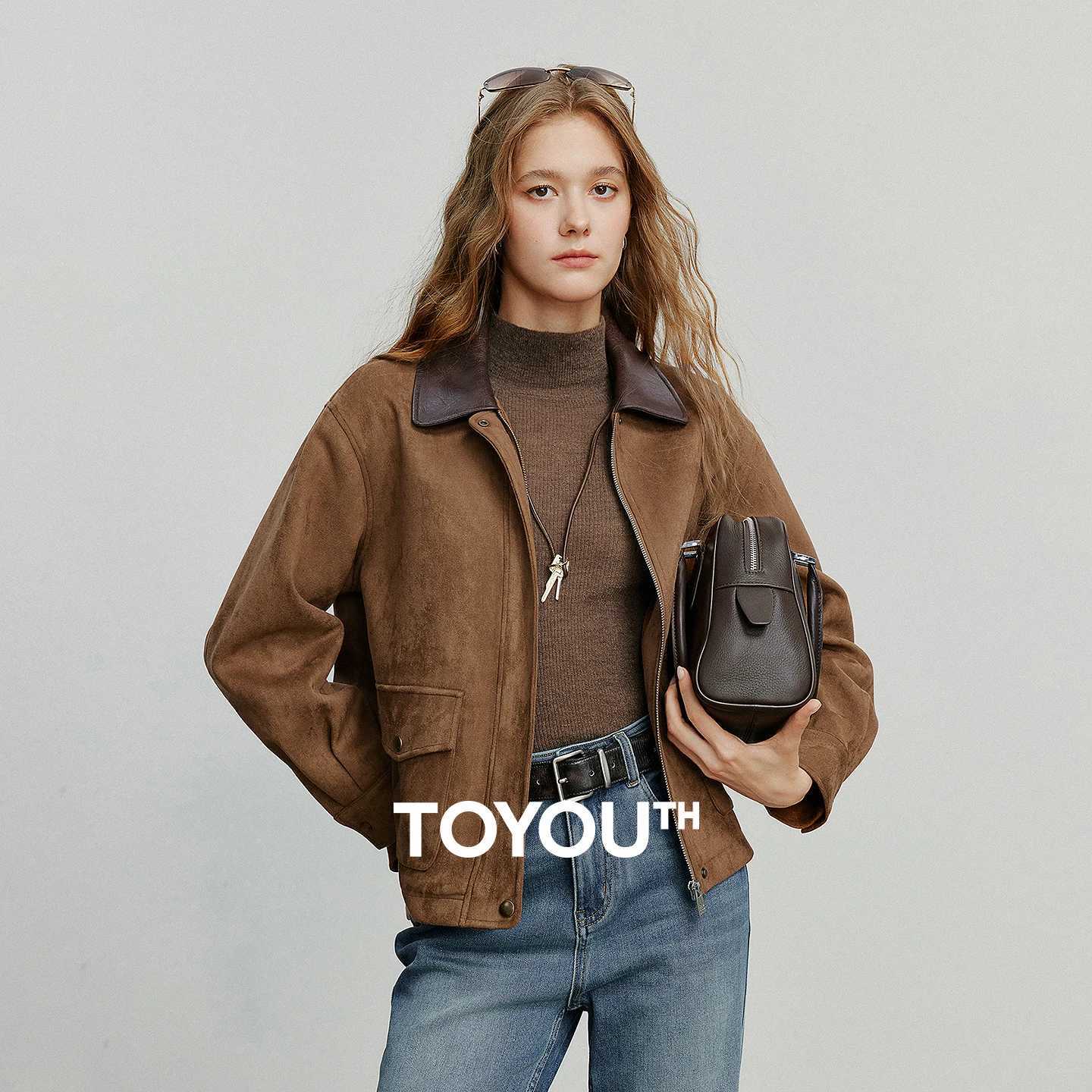 TOYOUTH Women Jacket coat 2025 Autumn New Vingtage Barn Style Suede Leather Patchwork Collar Jacket Brown J251103