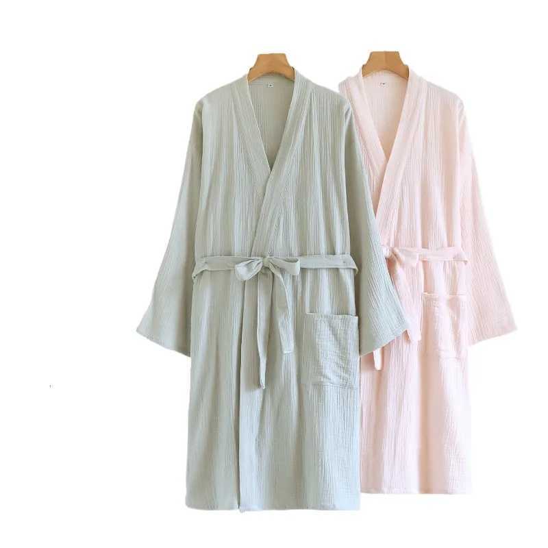 Soft Double Gauze Kimono Robe Women Washed Cotton Spa Bathrobe V Neck Minimst Loungewear Breathable Solid Color Home Robe C251104