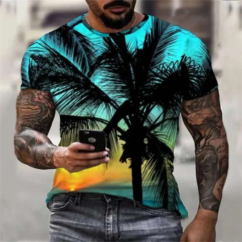 Fashionable and Lnteresting Beach Palm Pictures For Men's T-Shirts Trend Digital Printing Casual Round Neck Short Sleeved