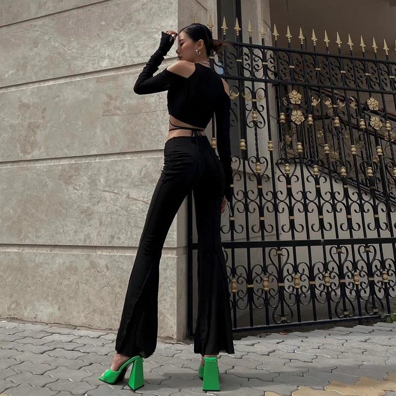Candy Gothic Mesh Sheer Crop Tops Sexy Deep V-neck Off Shoulder T Shirt Y2K Long Sleeve Streetwear Crossing Bandage Tees 250401